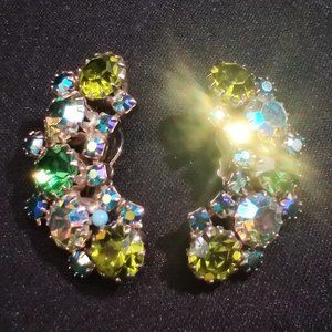 Green AB Rhinestone Crescent Climber Earrings